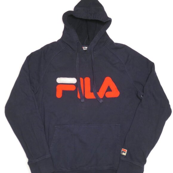 Fila Hoodie Mens Small Blue Pullover Spellout Logo Sport Sweatshirt Cotton - Picture 1 of 6